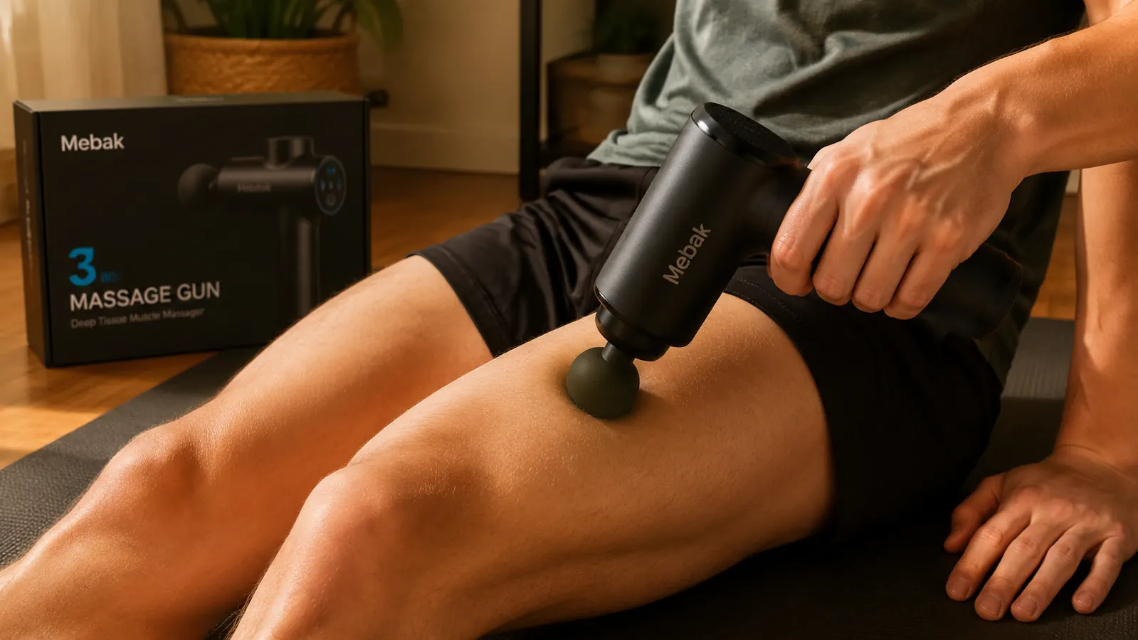 Close-up of a massage gun being applied to the quadriceps muscle of someone seated on a foam mat