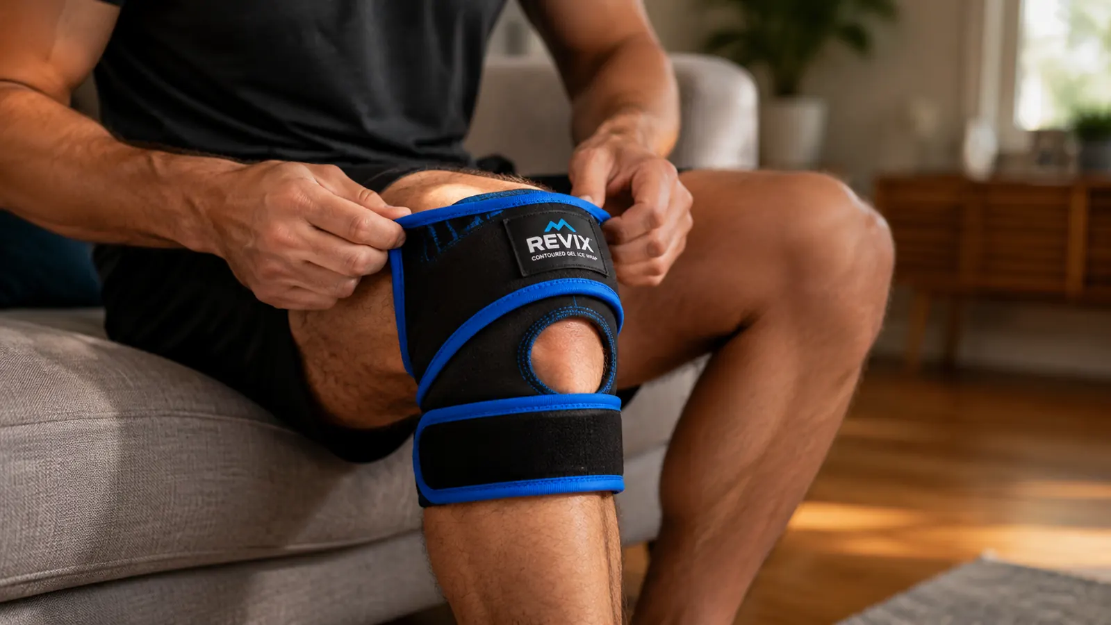 Close-up of a reusable gel ice pack wrap secured around a knee with elastic straps, slightly frosted from the freezer