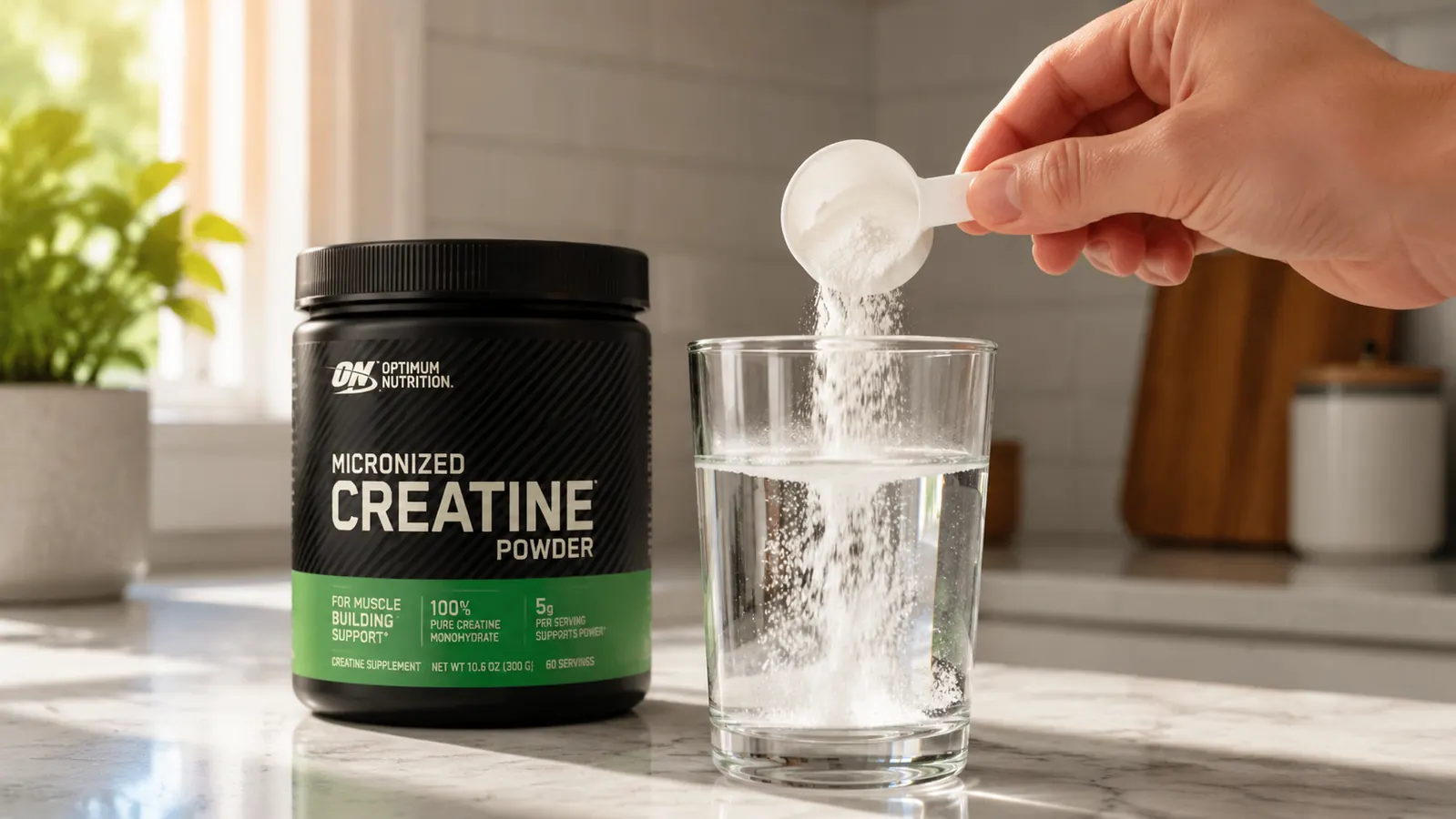 Hand scooping white creatine monohydrate powder from a tub of Optimum Nutrition Micronized Creatine into a clear glass of water