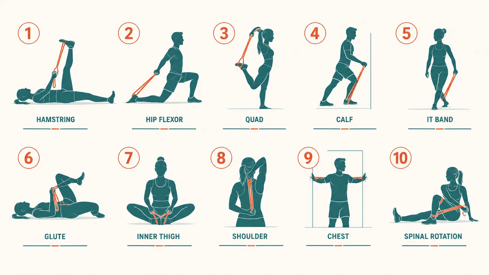 Overhead diagram showing 10 stretch positions with a strap numbered one through ten targeting different muscle groups