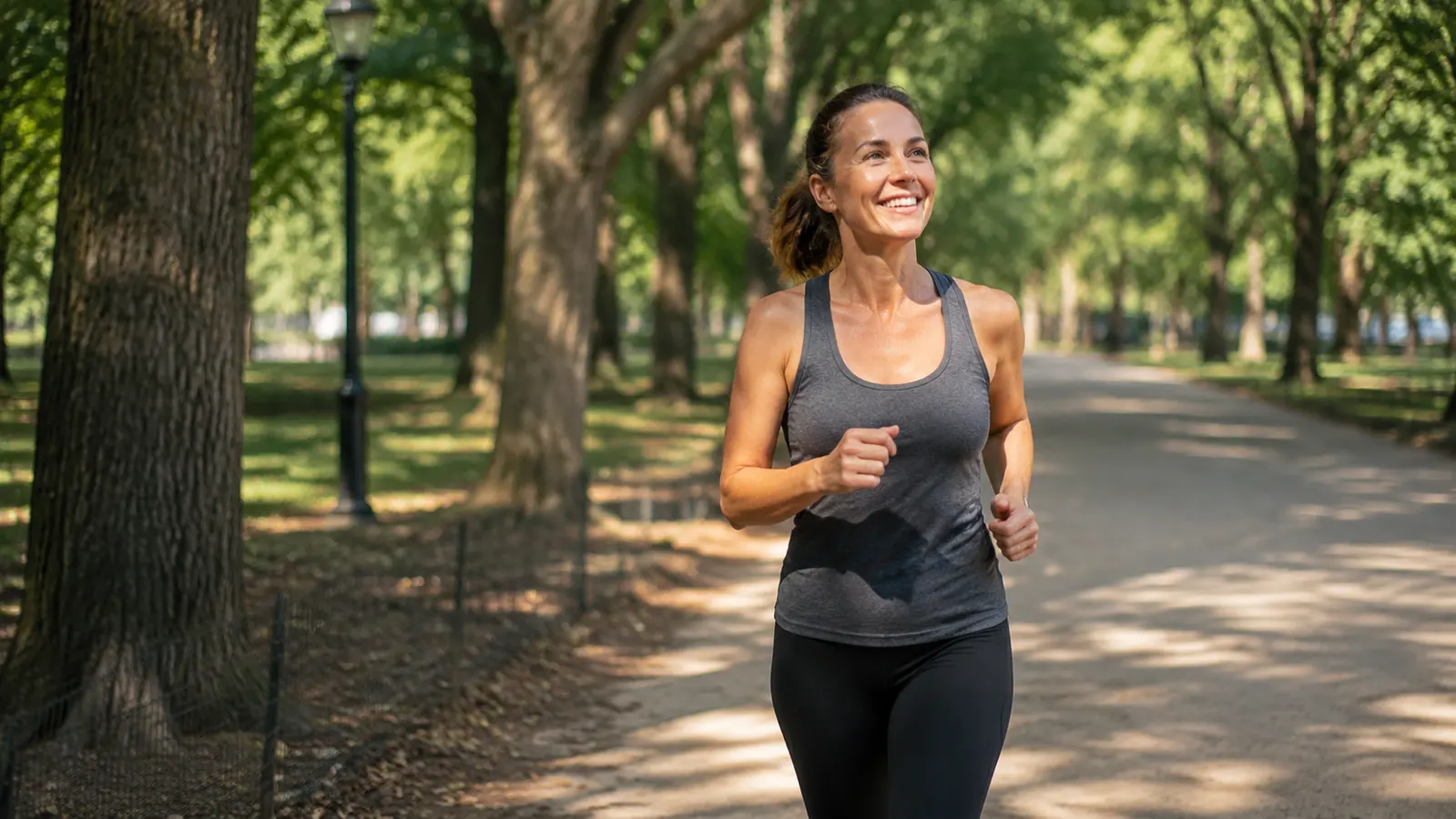 Woman on a morning run along a park path, moving freely and confidently
