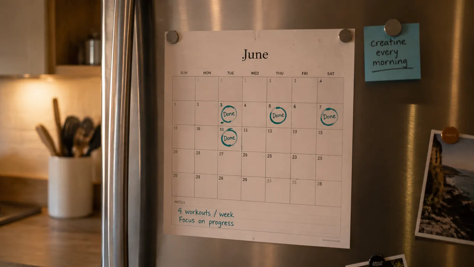Calendar on a refrigerator with four workout days circled in teal marker and no days crossed out as skipped