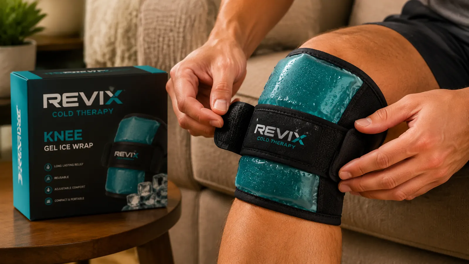 Close-up of the REVIX reusable gel ice pack wrap being strapped around a knee with velcro closures
