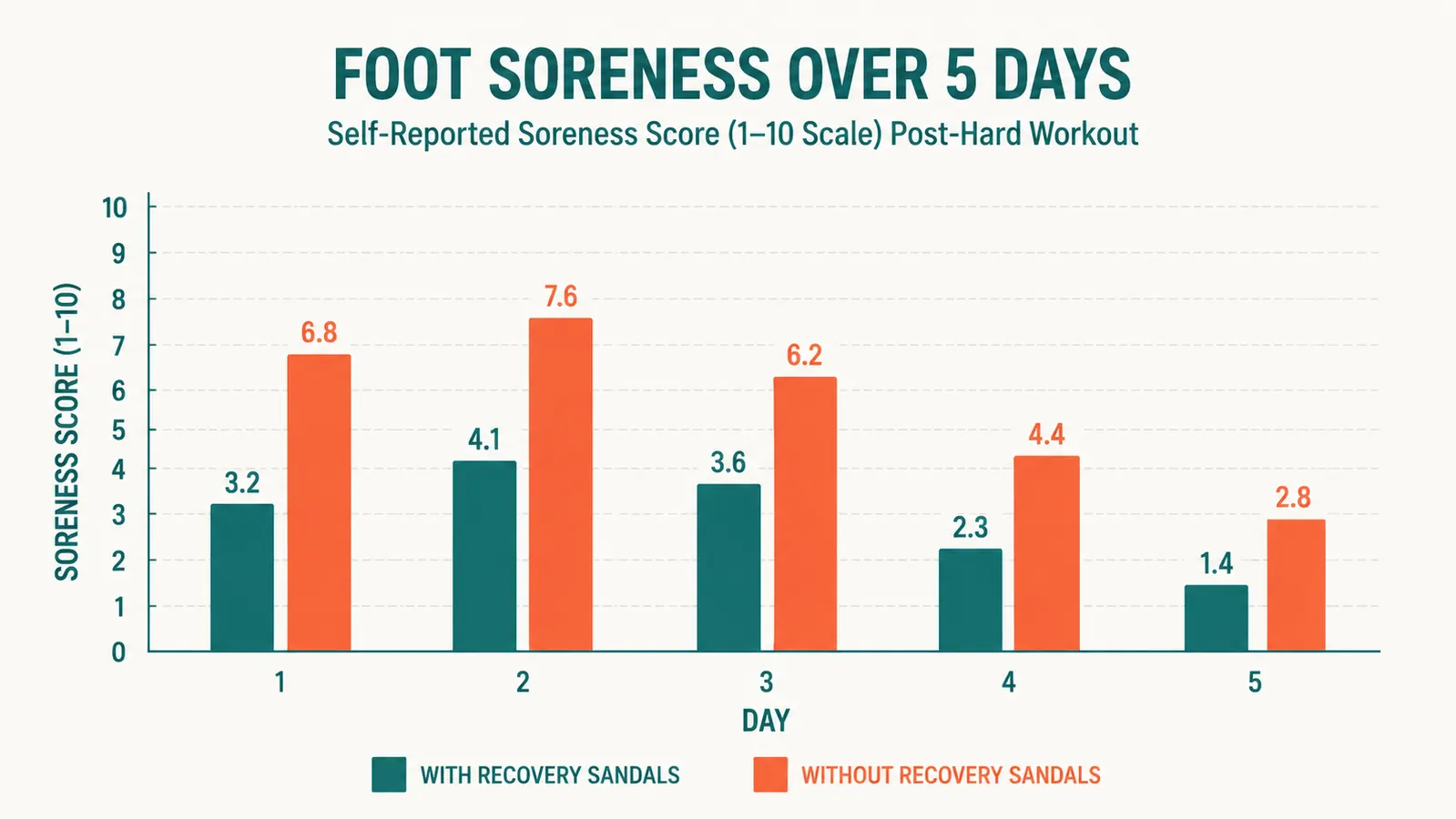 Bar chart comparing foot soreness scores across five days post-workout with and without recovery sandal use