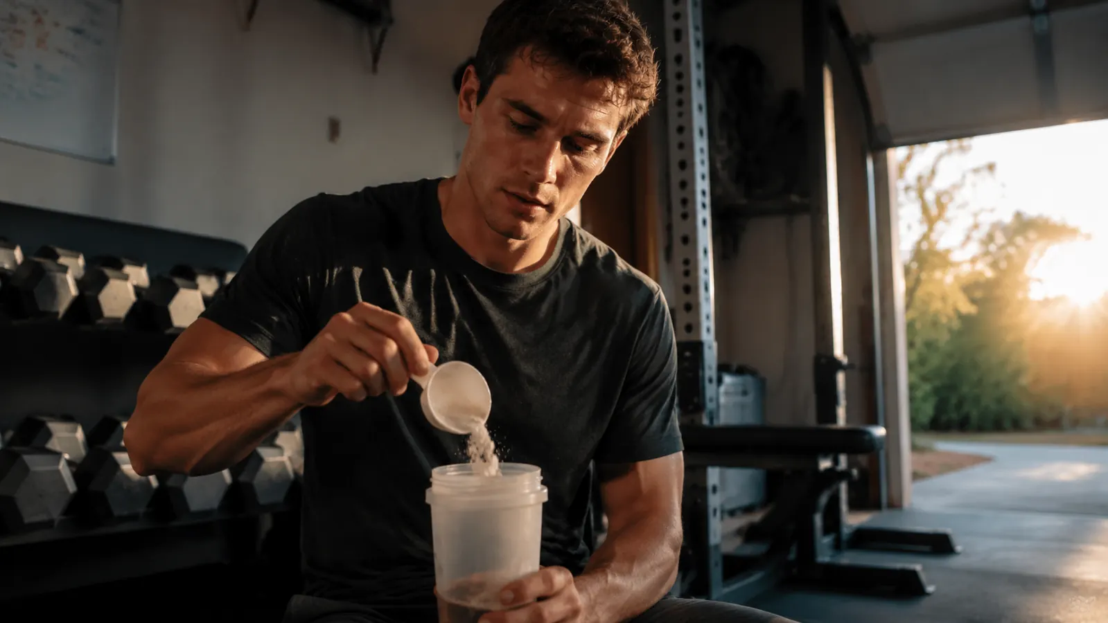 A person pouring creatine powder into a shaker bottle after a workout in a garage gym setting