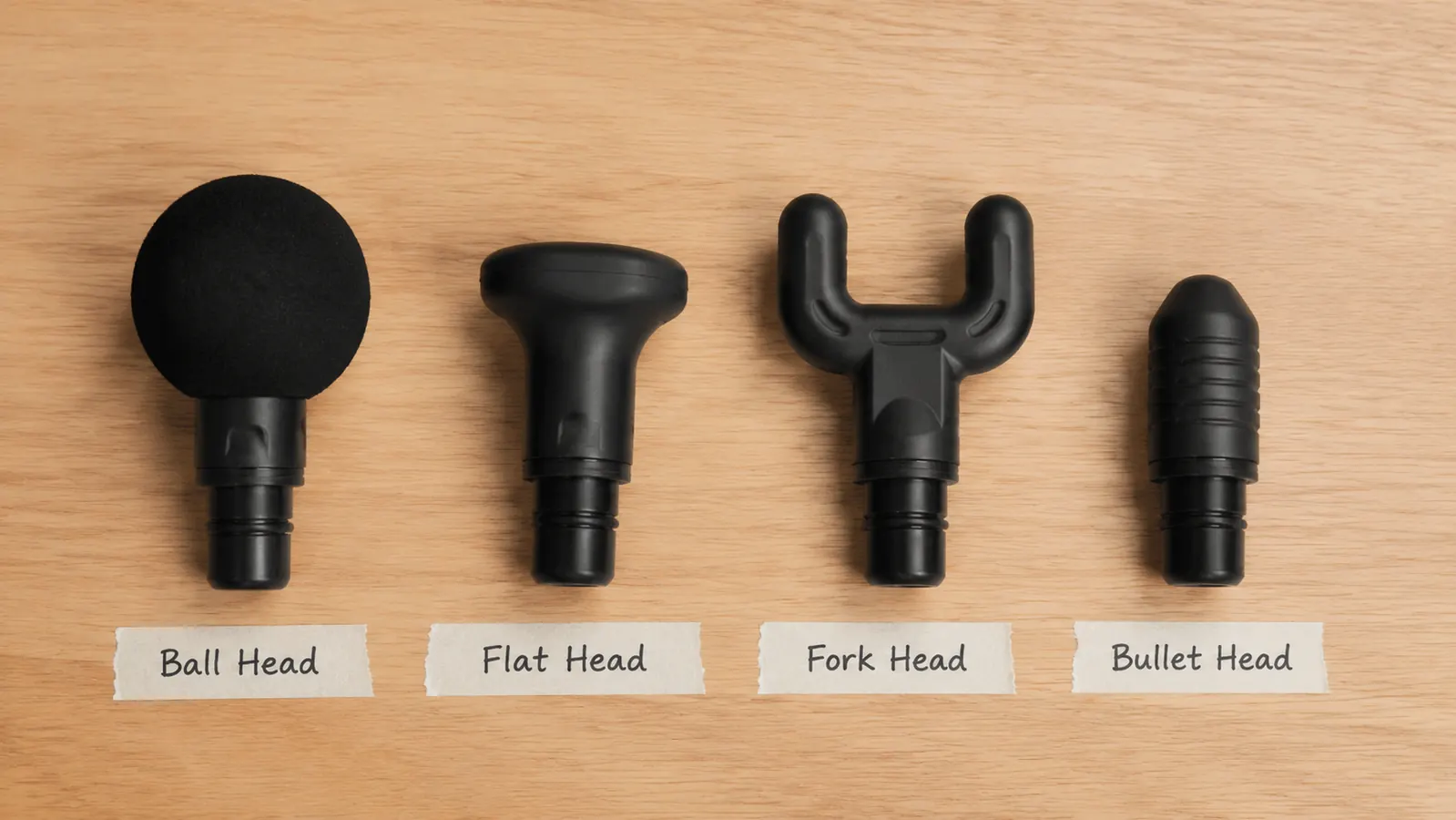 Four massage gun attachment heads laid out on a wooden surface including ball, flat, fork, and bullet heads
