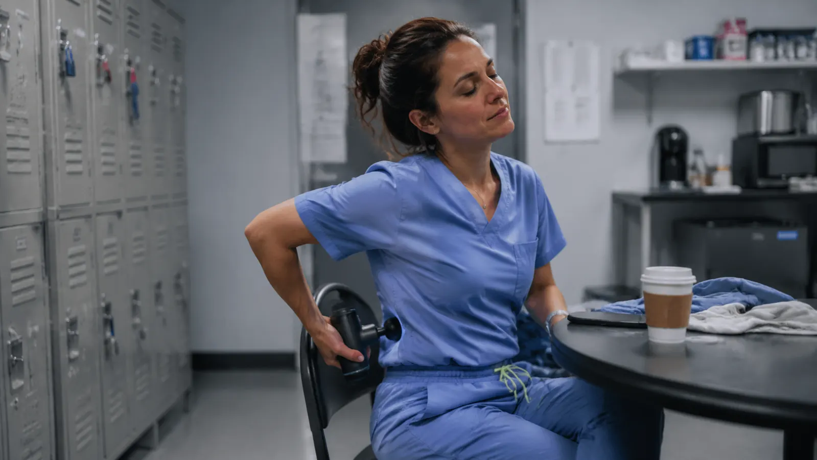 Nurse in scrubs sitting in a break room using a percussion massage gun on her lower back
