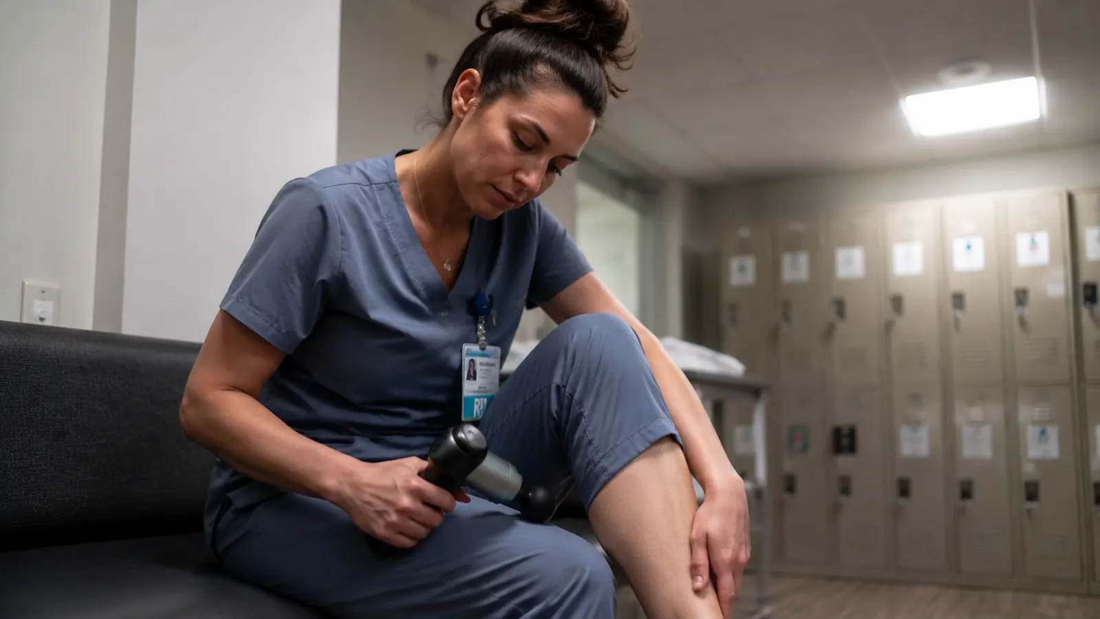 Nurse in scrubs sitting on a break-room bench using a compact massage gun on her calf after a long shift