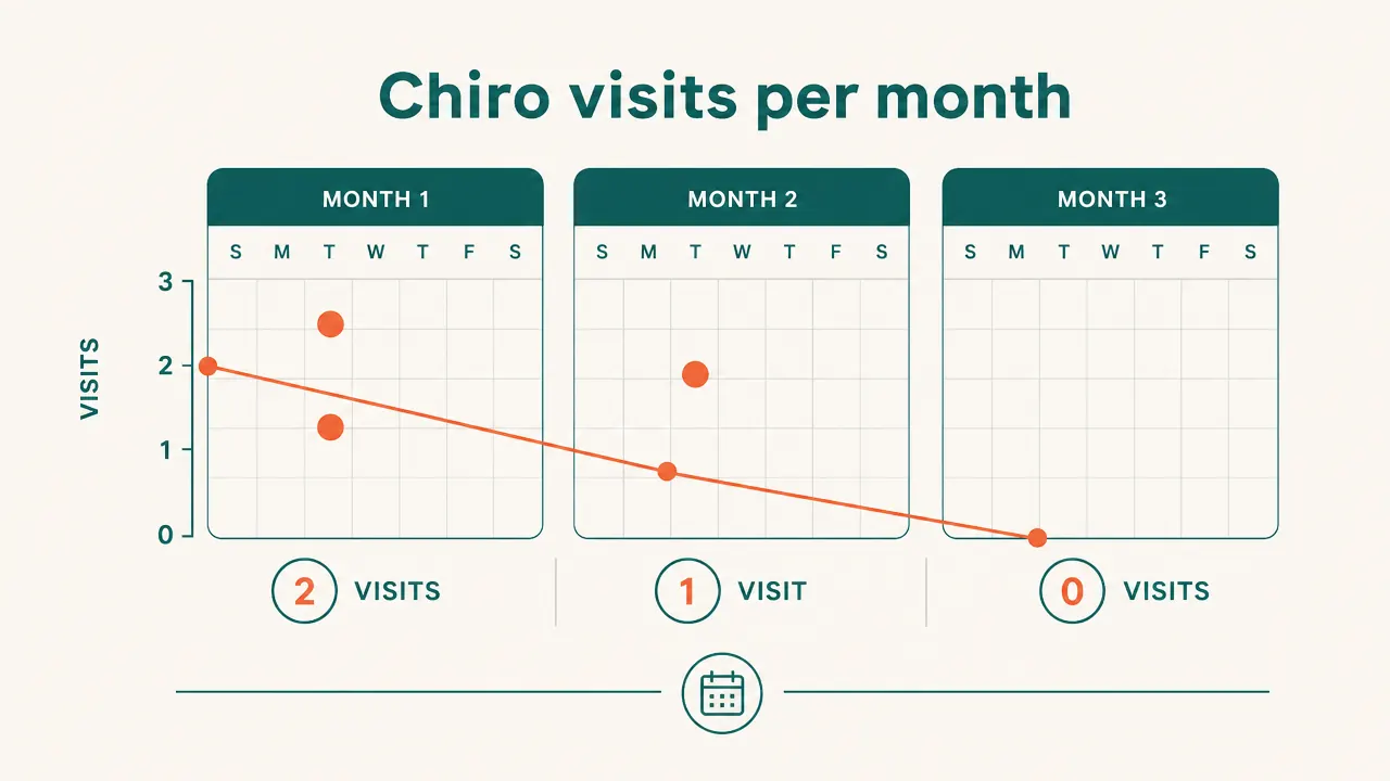 Simple calendar showing chiropractor appointment frequency dropping from twice a month to zero over three months