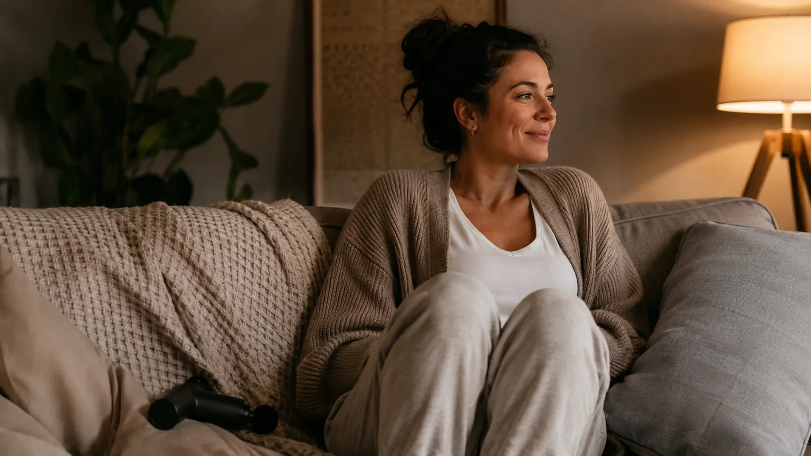 Woman sitting comfortably on a couch in the evening, looking relaxed with good posture, a percussion massage gun on the cushion beside her