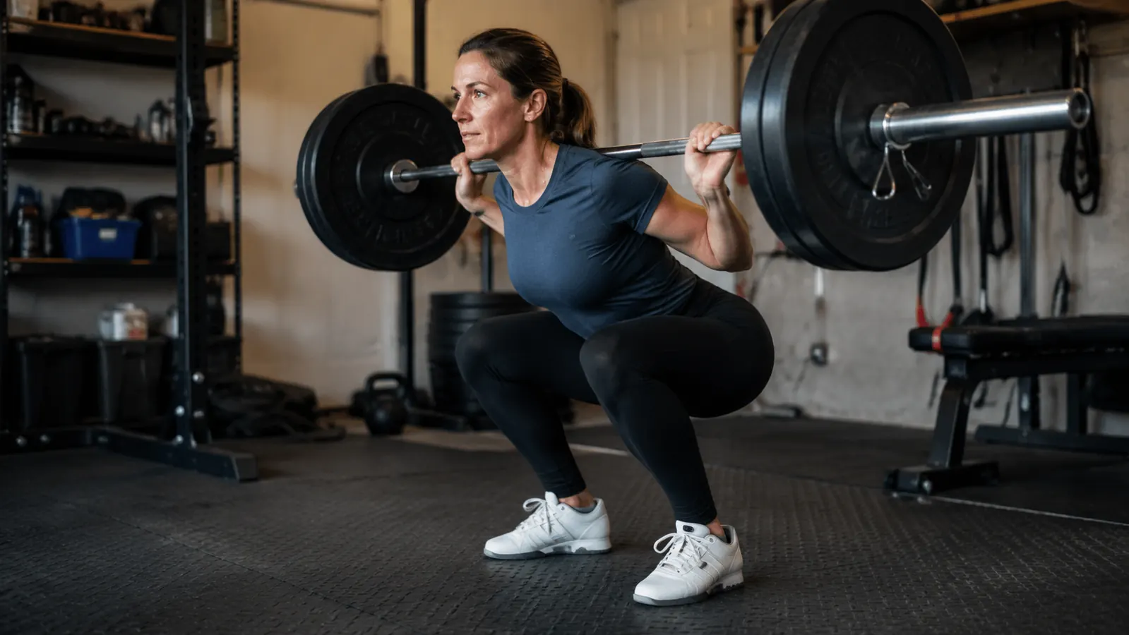 A woman in her forties doing a barbell squat in a small home garage gym, focused expression, practical workout gear