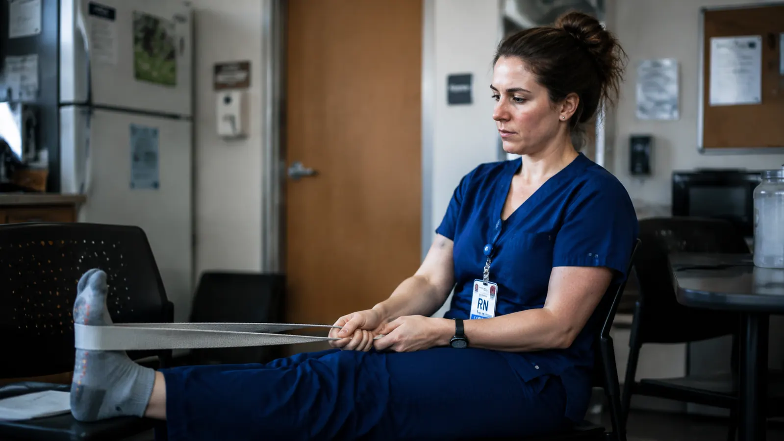Nurse in scrubs sitting on a break room chair stretching her calf with a stretch strap wrapped around her foot