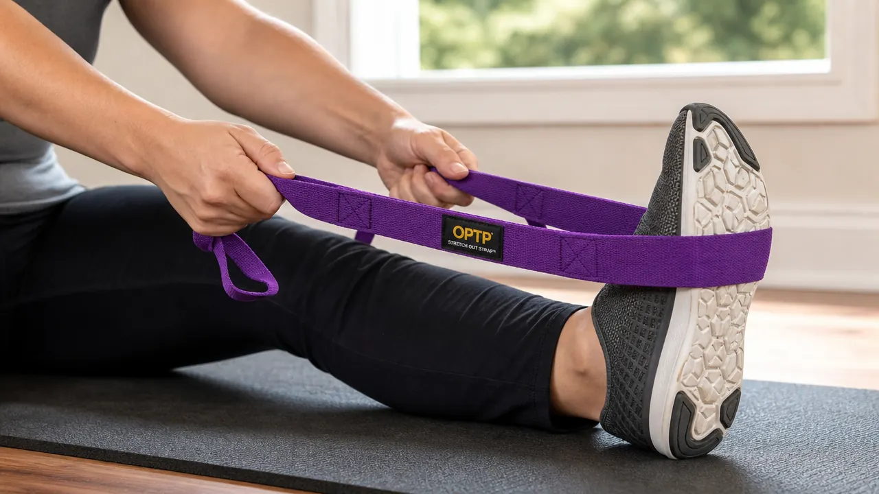 Close-up of hands gripping the looped rungs of the OPTP Stretch Out Strap during a seated hamstring stretch
