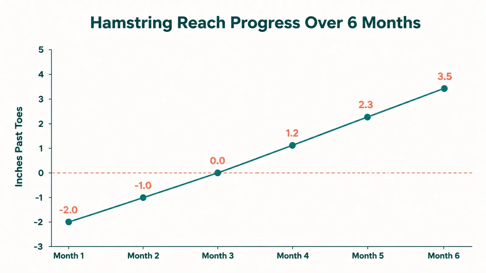 Chart showing hamstring flexibility improvement over 6 months, measured in inches of reach past toes