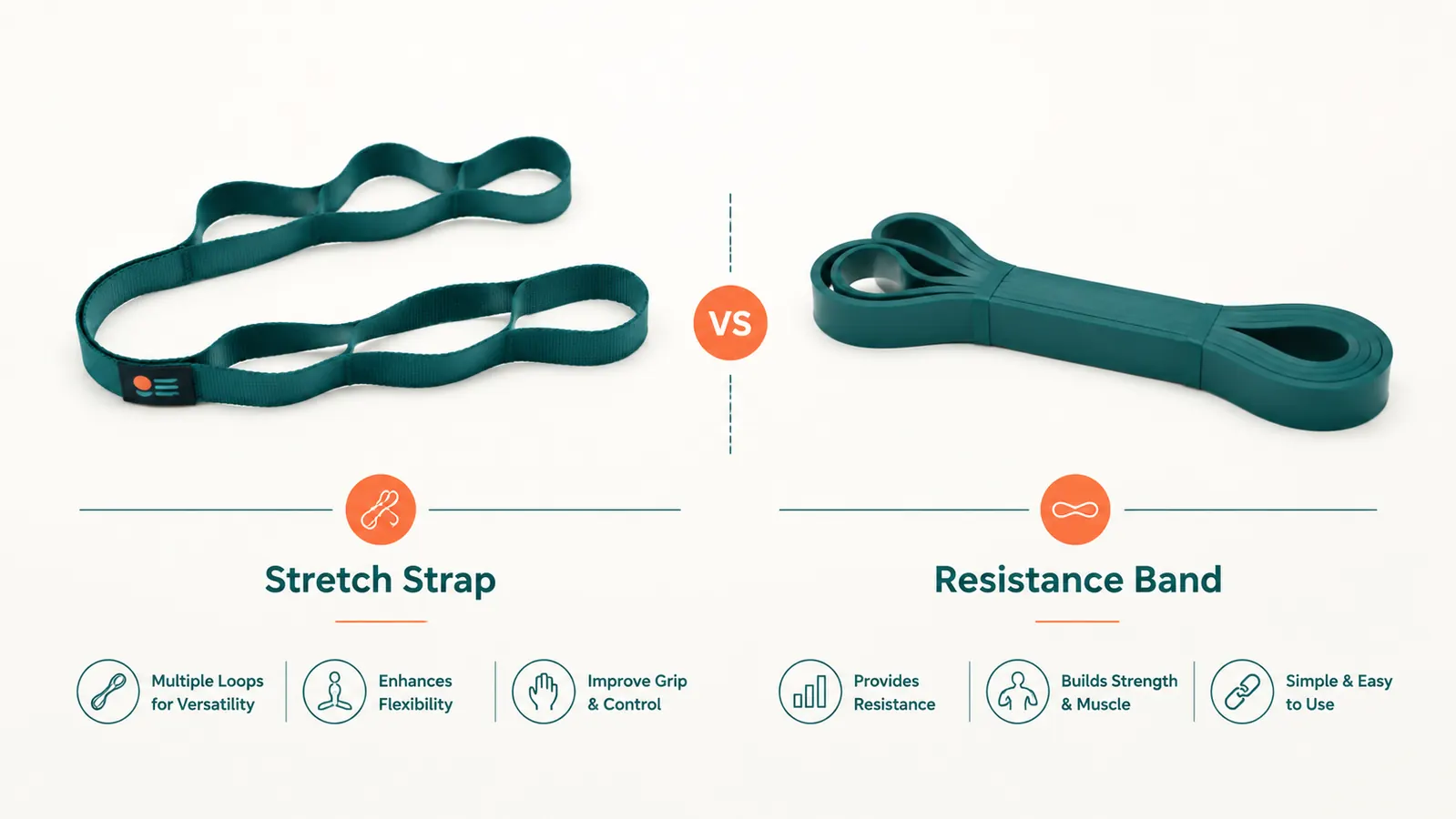 Side-by-side visual of a stretch strap with multiple loops on the left and a plain resistance band on the right, on a clean white surface