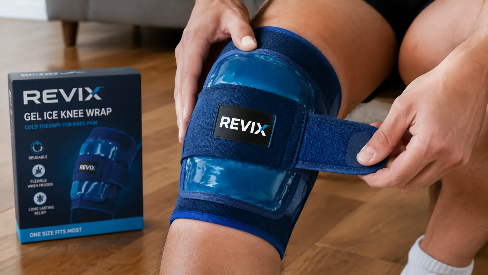 Hands fastening a REVIX ice pack wrap around a knee with velcro straps, home setting